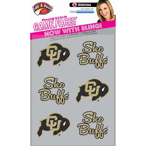 Sheet of CU Buffaloes glitter temporary tattoos featuring alternating designs of the CU Buffaloes logo and “Sko Buffs” text in black and gold.